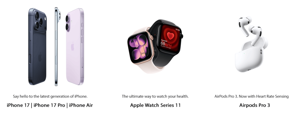 iPhone 17 Pro iPhone 17 Pro Max iPhone Air Apple Watch 11 Airpods Pro 3