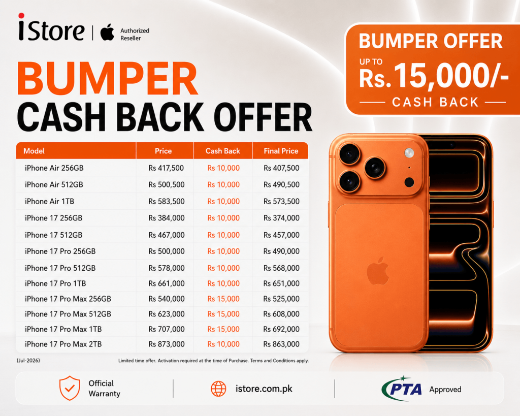 BUMPER CASH DISCOUNT OFFER on iPhone 17 Pro, iPhone 17 Pro Max, iPhone Air available at iStore Lahore