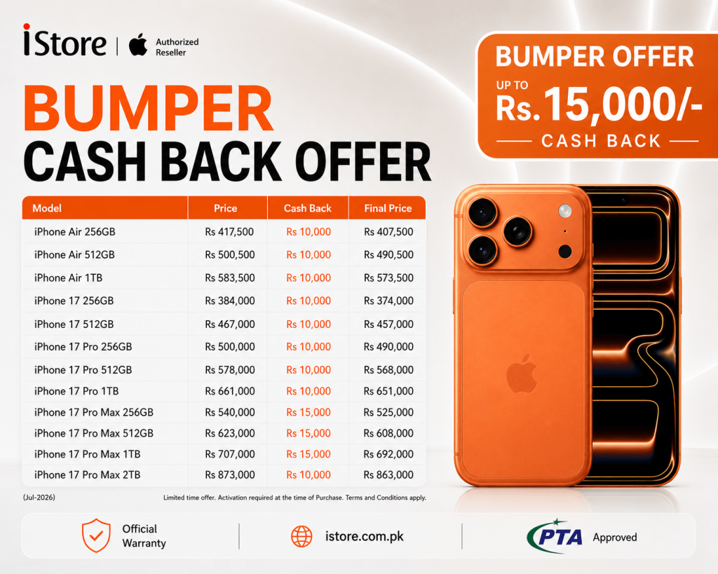 BUMPER CASH DISCOUNT OFFER on iPhone 17 Pro, iPhone 17 Pro Max, iPhone Air available at iStore Lahore