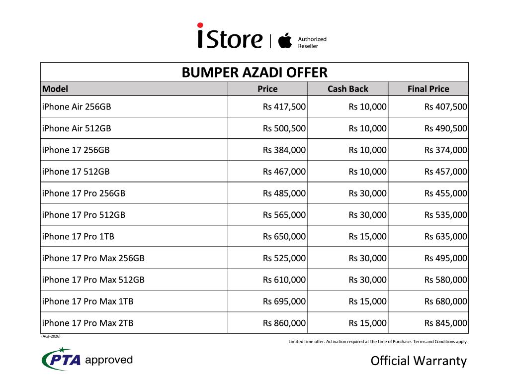 BUMPER AZADI OFFER 2026 on iPhone 17 Pro, iPhone 17 Pro Max, iPhone Air available at iStore Lahore